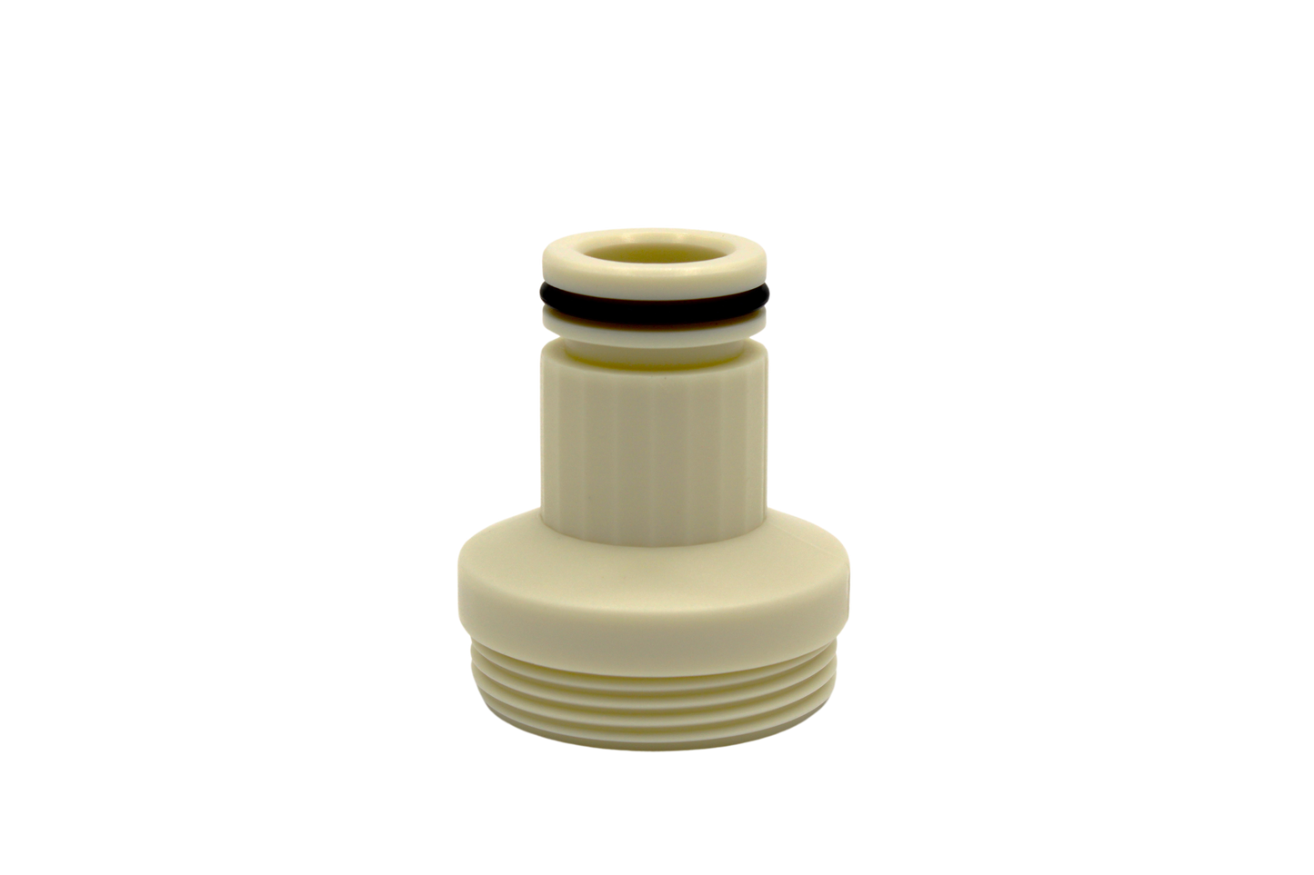 Close up of 2 inch external thread aim flow fitting.