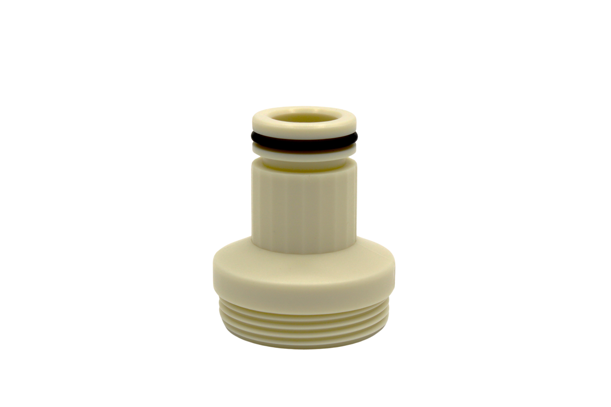 Close up of 2 inch external thread aim flow fitting.
